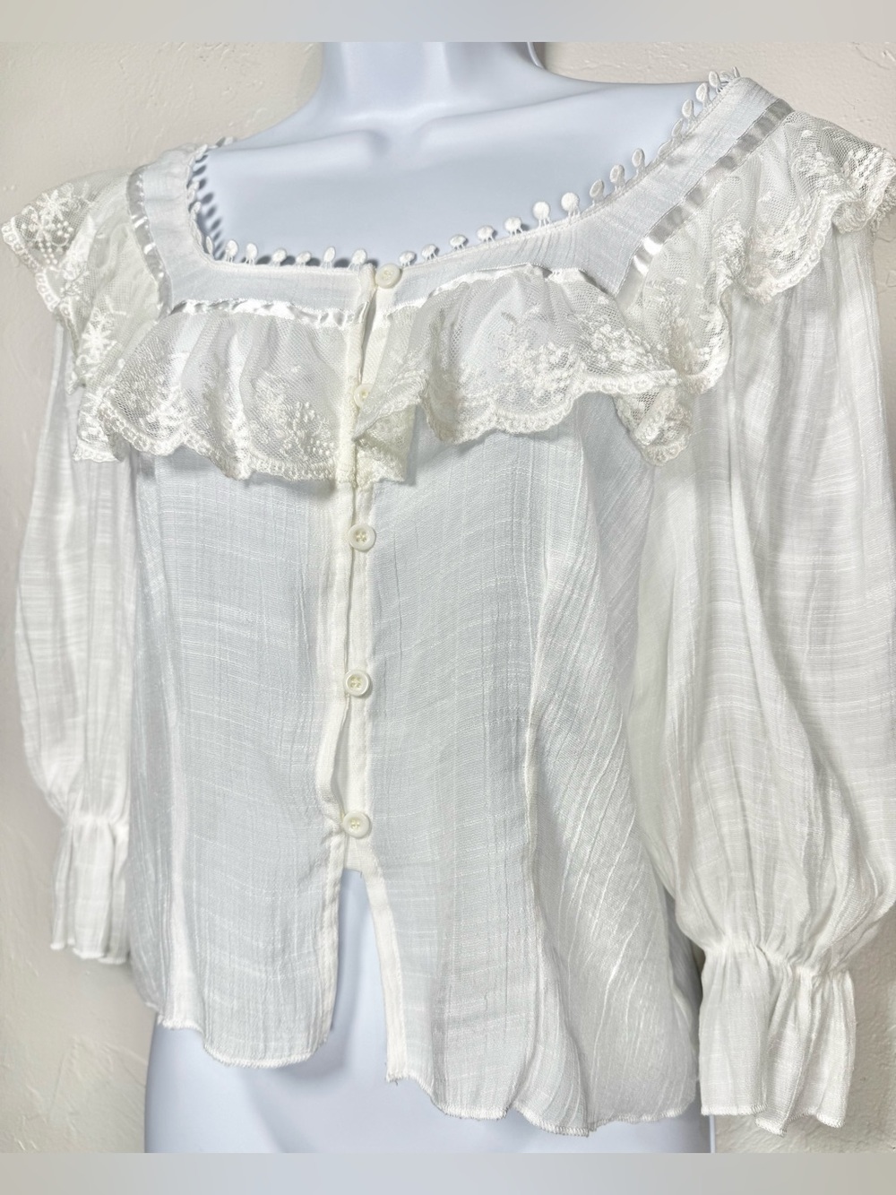 Rebellion White Lace Ruffle Button-Front Blouse - Picture 4 of 10